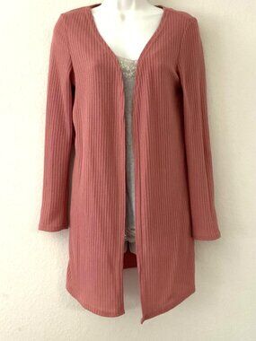 Women’s Open Front Ribbed Knit Duster Cardigan - Dusty Rose / Mauve, Size Medium